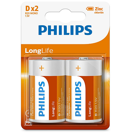 Батарейка LR20 (бочка большая D) Philips Longlife Zinc R20L2B/97 упаковка 2 шт.