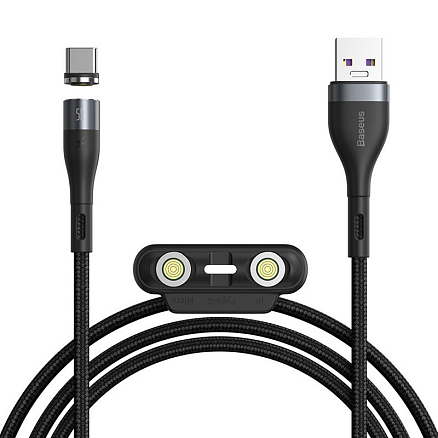 Кабель USB - MicroUSB, Lightning, Type-C 1 м 5А 40W магнитный плетеный Baseus Zinc (быстрая зарядка) черно-серый