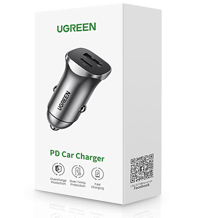Зарядное устройство автомобильное с USB и Type-C входами 3A 20W Ugreen CD130 (быстрая зарядка PD 3.0, QC 3.0) серебристое