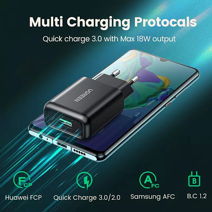 Зарядное устройство сетевое с USB входом 18W 3A Ugreen CD122 (быстрая зарядка QC 3.0) черное