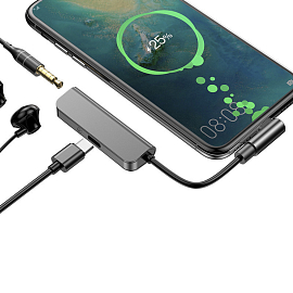 Переходник Type-C - 3,5 мм, Type-C (папа - мама, мама) Baseus L53 (быстрая зарядка PD) черный