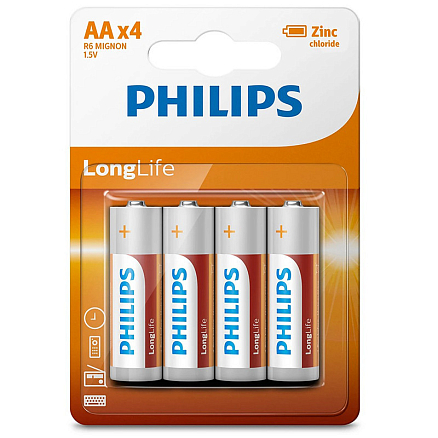 Батарейка LR6 (пальчиковая большая AA) Philips Longlife Zinc R6L4B/97 упаковка 4 шт.