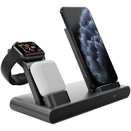 Беспроводная зарядка 3-в-1 для телефона, Apple Watch и AirPods 10W Prestigio ReVolt A1 (быстрая зарядка) темно-серая