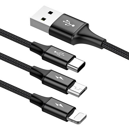Кабель USB - Lightning, MicroUSB, Type-C 1,2 м 3A плетеный Baseus Rapid черный