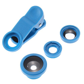 Объектив для телефона универсальный 3-в-1: Fisheye, Wide-Angle, Macro на прищепке синий