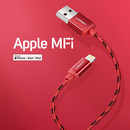 Кабель USB - Lightning для зарядки iPhone 0,25 м 2.4А MFi плетеный Ugreen US247 красный