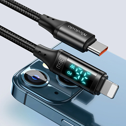 Кабель Type-C - Lightning для зарядки 1,2 м 3А 36W с дисплеем плетеный McDodo CA-1030 (быстрая зарядка PD) черный