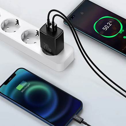 Зарядное устройство сетевое с USB и Type-C входами 3А 20W Baseus Compact CCXJ-B01 (быстрая зарядка PD, QC 3.0) черное