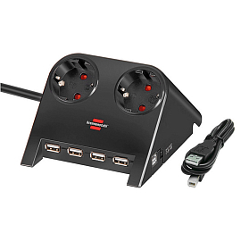Сетевой фильтр настольный на 2 розетки 4 USB 2.1A длина 1,8 м Brennenstuhl Desktop-Power-Plus черный