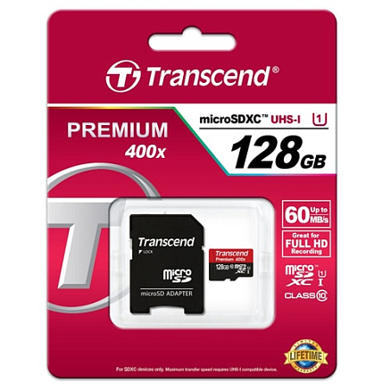 Карта памяти Transcend Premium 300X MicroSDXC 128Gb Class 10 с адаптером SD скоростная UHS-I