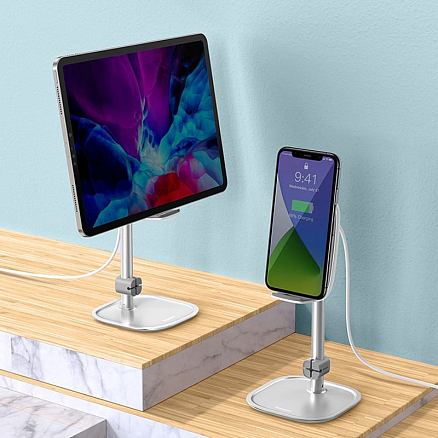 Подставка для телефона или планшета телескопическая с беспроводной зарядкой Baseus Literary Youth серебристая