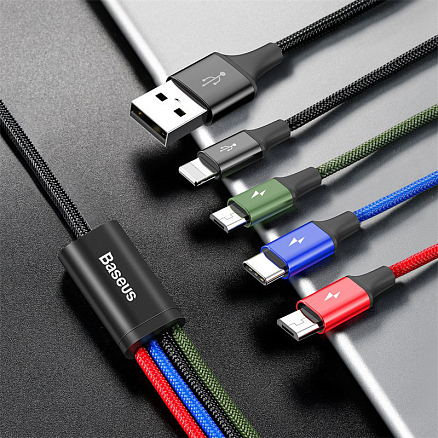 Кабель USB - Lightning, 2 х MicroUSB, Type-C 1,2 м 3.5A плетеный Baseus Rapid черный