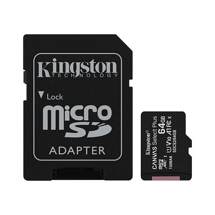 Карта памяти Kingston Canvas Select Plus MicroSDXC 64Gb UHS-I U1 V10 100 Мб/с с адаптером SD