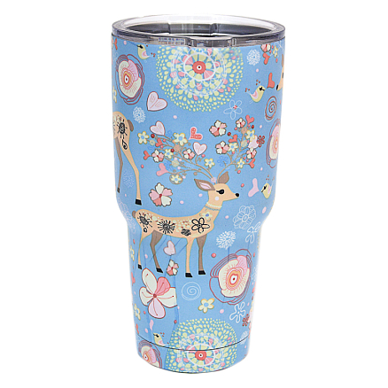 Термокружка Rambler Tumbler 900мл Pattern Reindeer голубая