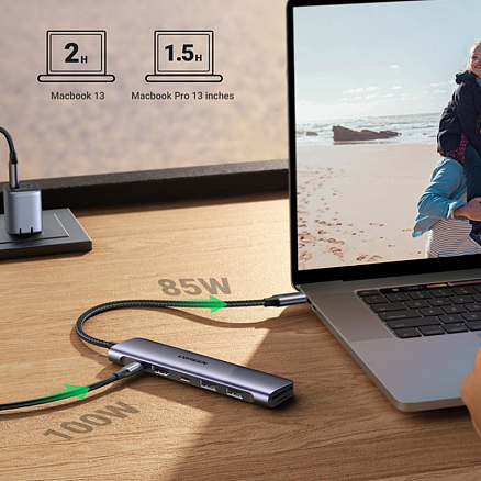 Хаб (разветвитель) Type-C - HDMI 4K 30Hz, 2 х USB 3.0, Type-C, Type-C PD 100W с картридером SD и MicroSD Ugreen CM195-15214 серый
