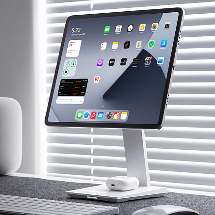 Подставка для iPad магнитная с беспроводной зарядкой для телефона Pitaka MagEZ Stand белый мрамор