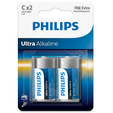 Батарейка LR14 (бочка маленькая C) Philips Ultra Alkaline LR14E2B/97 упаковка 2 шт.