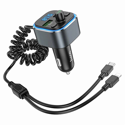 FM модулятор (трансмиттер) автомобильный с громкой связью, USB QC для зарядки и кабелем Type-C + Lightning Hoco E74 серый