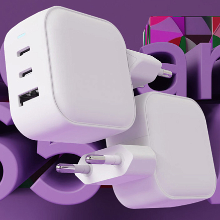 Зарядное устройство сетевое с USB и 2 Type-C 65W VLP G-Charge (быстрая зарядка QC, PD) белое