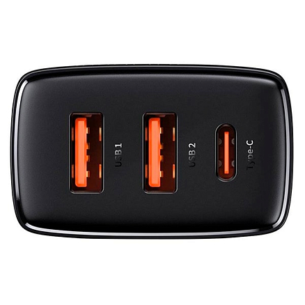 Зарядное устройство сетевое с двумя USB и Type-C входом 3А 30W Baseus Compact (быстрая зарядка PD, QC 3.0) черное