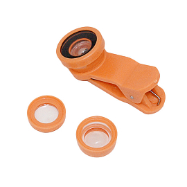 Объектив для телефона универсальный 3-в-1: Fisheye, Wide-Angle, Macro на прищепке оранжевый