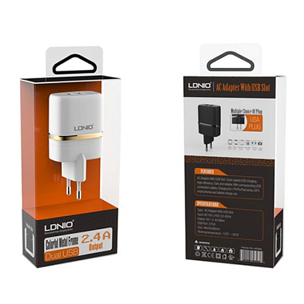 Зарядное устройство сетевое с двумя USB входами 2.4А и MicroUSB кабелем Ldnio DL-AC52 белое