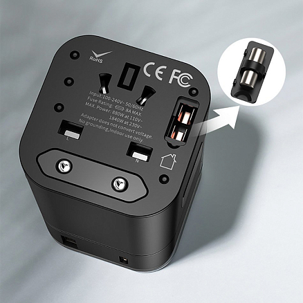 Переходник для розетки универсальный c USB и Type-C 3А 18W (быстрая зарядка) Baseus Removable черный