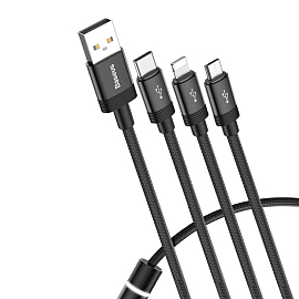Кабель USB - MicroUSB, Lightning, Type-C 1,2 м 3.5A плетеный Baseus Data Faction черный