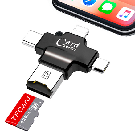 Картридер MicroSD 4-в-1 Lightning, Type-C, MicroUSB, USB iDragon U-010 черный