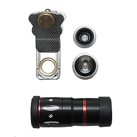 Объектив для телефона универсальный 4-в-1: Fisheye, Wide-Angle, Macro, Telephoto 10х на прищепке серебристый