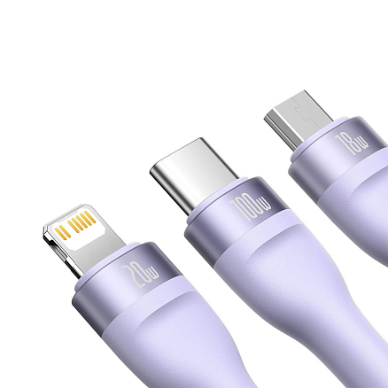 Кабель USB, Type-C - MicroUSB, Lightning, Type-C 1,2 м 5A 100W плетеный Baseus Flash Series фиолетовый