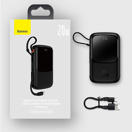 Внешний аккумулятор Baseus Qpow Pro Digital 20000мАч (USB, Lightning, Type-C, ток 2.4А, быстрая зарядка QC, 20Вт) черный
