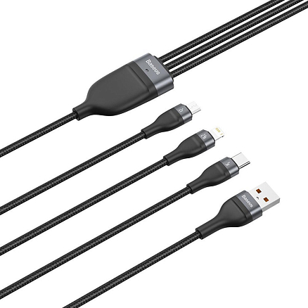 Кабель USB - Lightning, MicroUSB, Type-C 1,2 м 5A 66W плетеный Baseus Flash (быстрая зарядка) черный 