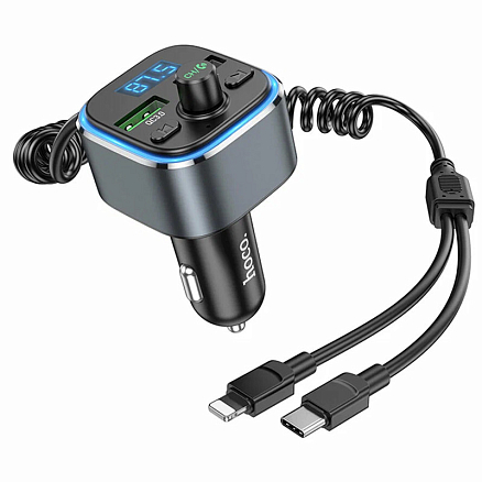 FM модулятор (трансмиттер) автомобильный с громкой связью, USB QC для зарядки и кабелем Type-C + Lightning Hoco E74 серый