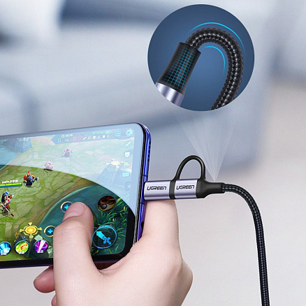 Кабель USB - MicroUSB, Type-C для зарядки 1 м 3А плетеный Ugreen US177 черный