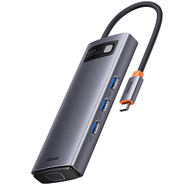 Хаб (разветвитель) Type-C - HDMI, 3 х USB 3.0, Type-C PD, VGA Baseus Gleam Series серый