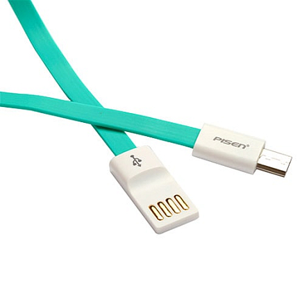 Кабель USB - MicroUSB для зарядки 0,8 м плоский Pisen (Пайсен) бирюзовый
