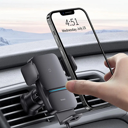 Держатель автомобильный в решетку обдува с беспроводной зарядкой и автоматическим зажимом Baseus CGZX000001 черный