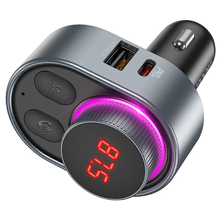 FM модулятор (трансмиттер) автомобильный с громкой связью, Type-C PD 30W и USB QC для зарядки Hoco E72 Alegria серый