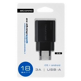 Зарядное устройство сетевое с USB входом Atomic U150 (быстрая зарядка QC 3.0) черное