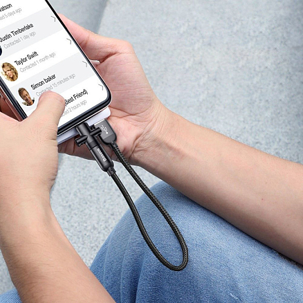 Кабель USB - Type-C + переходник на Lightning для зарядки 23 см 2.4А плетеный Baseus U-Shaped черный
