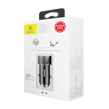 Зарядное устройство автомобильное с USB и Type-C входами 3А 36W Baseus Small Screw (быстрая зарядка QC 3.0, PD) черное
