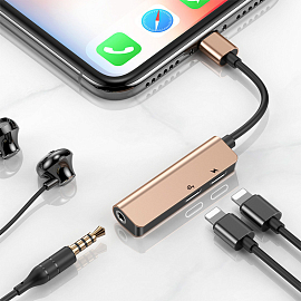 Переходник Lightning - 3,5 мм, 2 х Lightning (папа - мама, мама) Baseus L52 золотистый