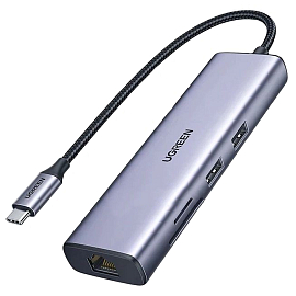 Переходник Type-C - USB 3.0, HDMI 4K 30Hz, RJ45, SD, microSD, PD 100W Ugreen CM512 серый