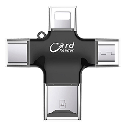 Картридер MicroSD 4-в-1 Lightning, Type-C, MicroUSB, USB iDragon U-010 черный