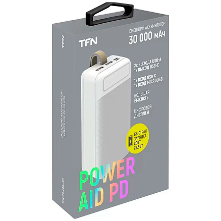 Внешний аккумулятор TFN PowerAid 30000мАч (Type-C, microUSB, USB, ток 4.5А, быстрая зарядка PD, 22.5Вт) белый