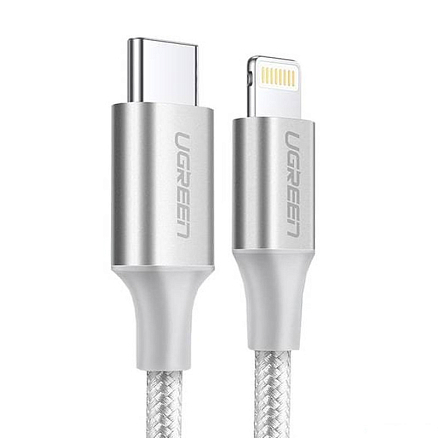 Кабель Type-C - Lightning для зарядки 1.5 м 3А MFi плетеный Ugreen US304 (быстрая зарядка PD) белый