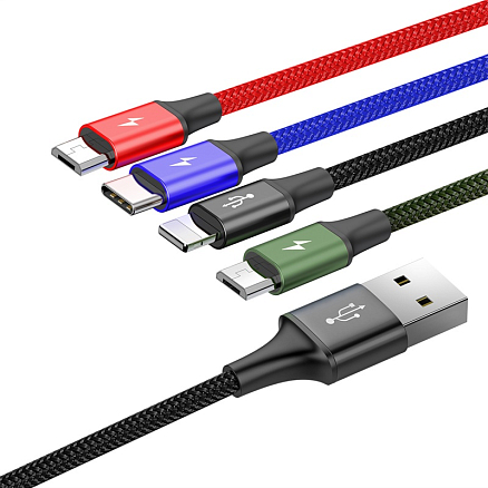 Кабель USB - Lightning, 2 х MicroUSB, Type-C 1,2 м 3.5A плетеный Baseus Rapid черный