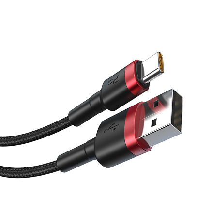 Кабель USB, Type-C - Lightning для зарядки 1,2 м 2.4А 18W плетеный Baseus Cafule (быстрая зарядка PD) черно-красный
