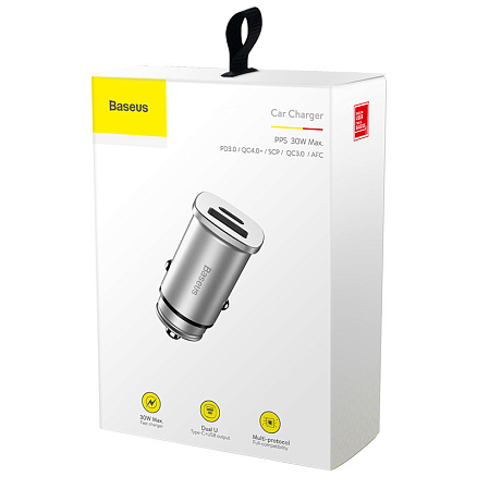 Зарядное устройство автомобильное с USB и Type-C входами 4.5А 30W Baseus Square PPS (быстрая зарядка PD 3.0, QC 3.0) серебристое